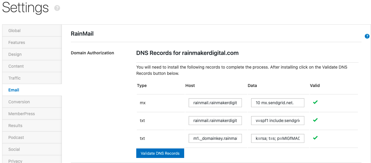 RainMail settings