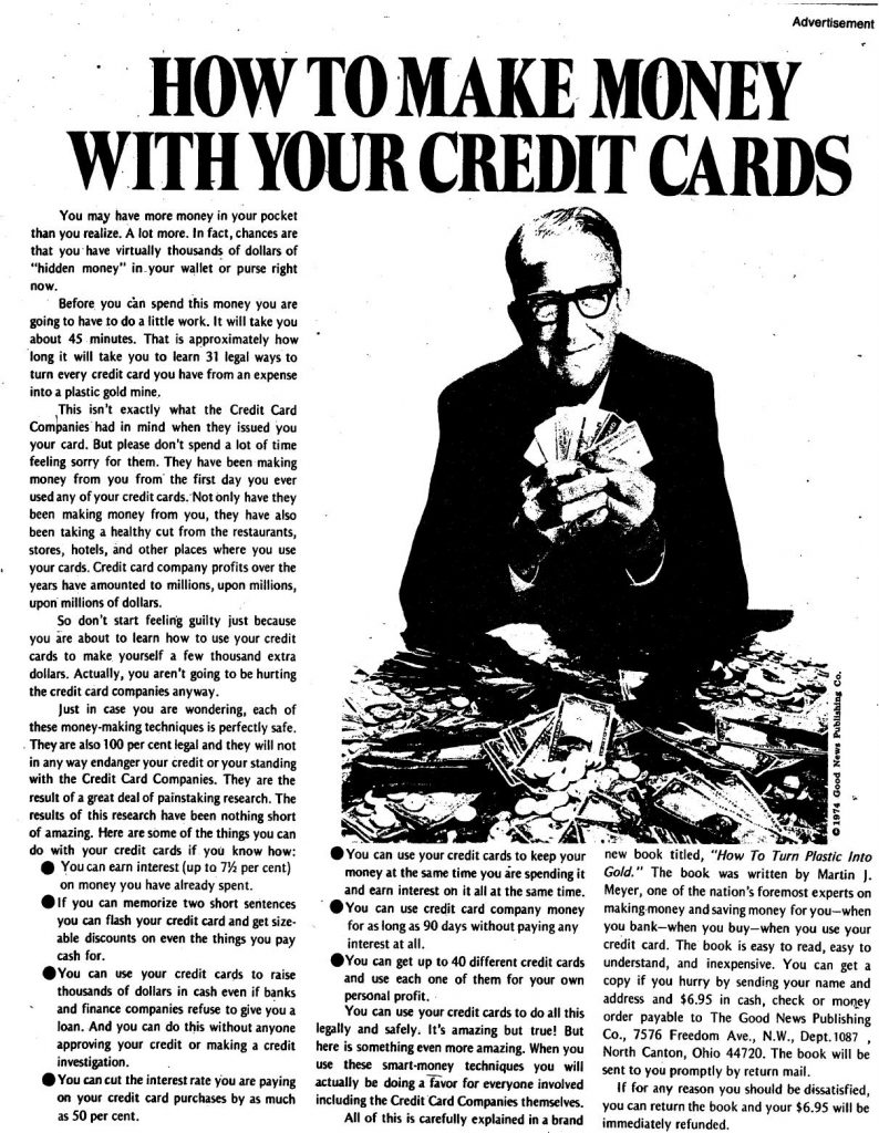 Halbert ad "how to make money with your credit cards"