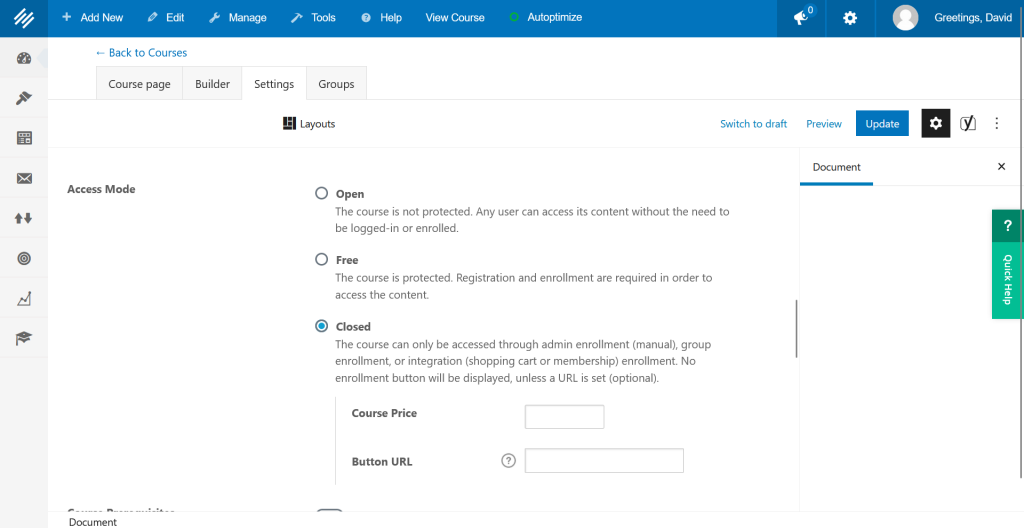 Course page settings