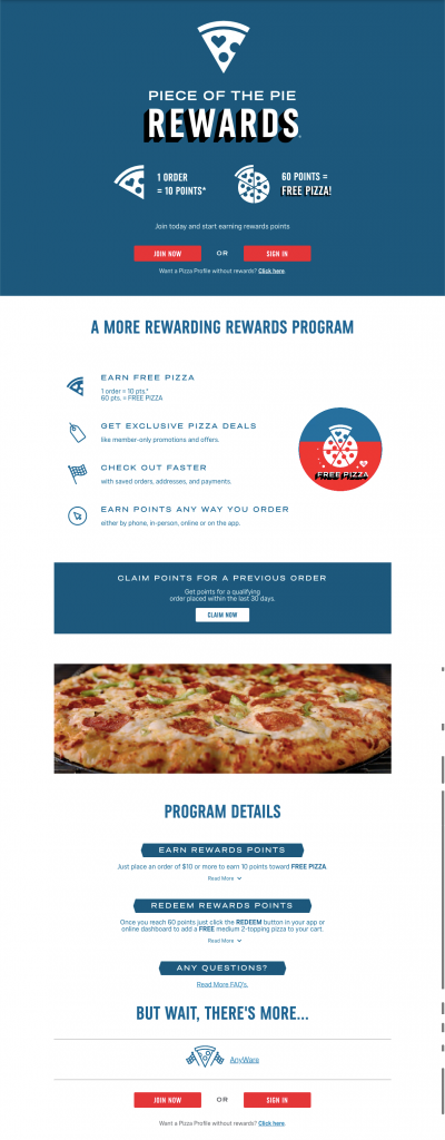 Dominos pizza landing page